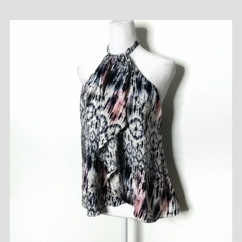 Amanda Uprichard Silk Top Halter Style Tie Neck Flyaway Styling Watercolor Print - Picture 2 of 12